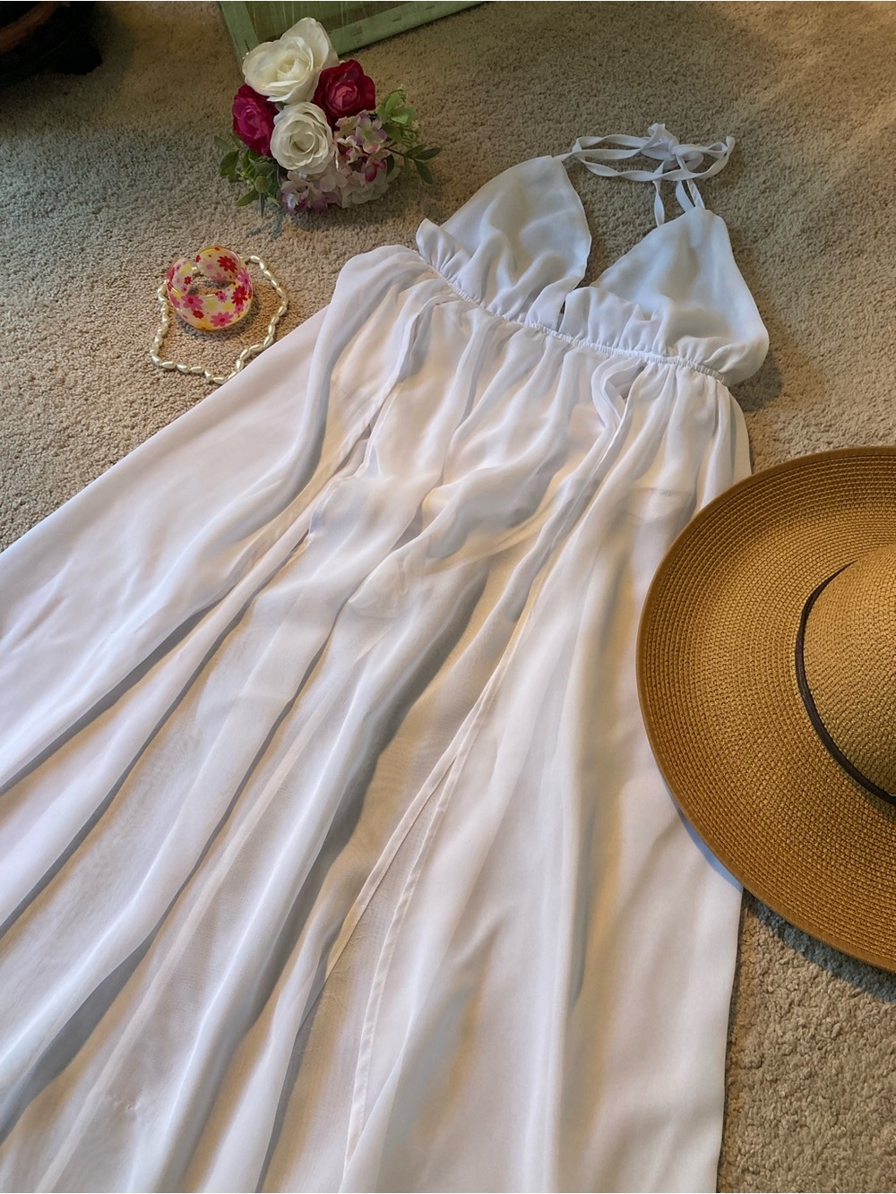 SHEIN White Maxi Dress with a Bohemian, Flowy Aesthetic